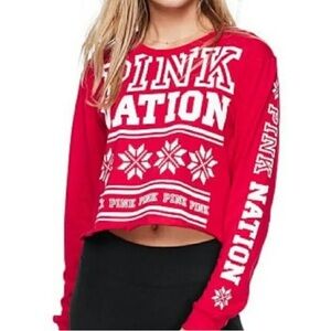 Pink Victoria's Secret Red Holiday Cropped Long Sleeve Shirt Size Medium